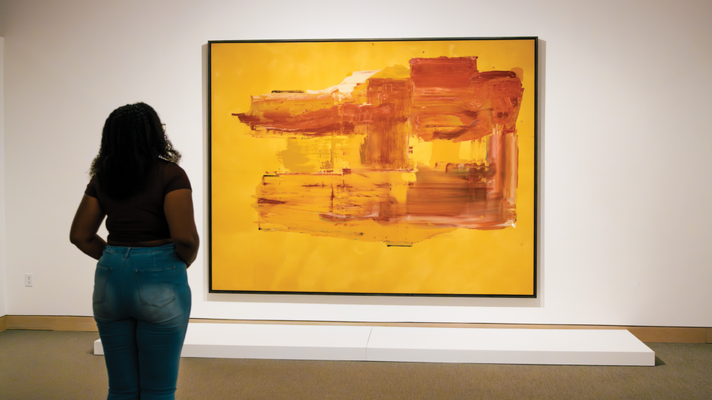 A student views an abstract painting in a gallery