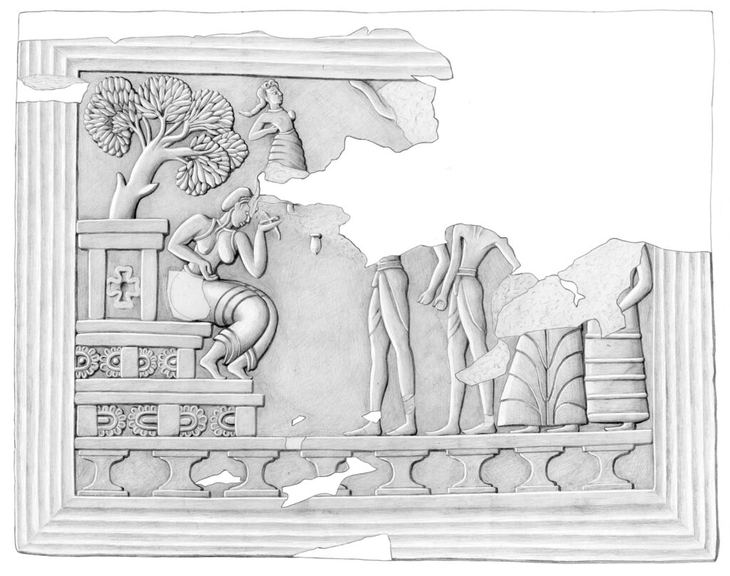 Drawing of ivory pyxis showing a seated figure. The top right corner is damaged.